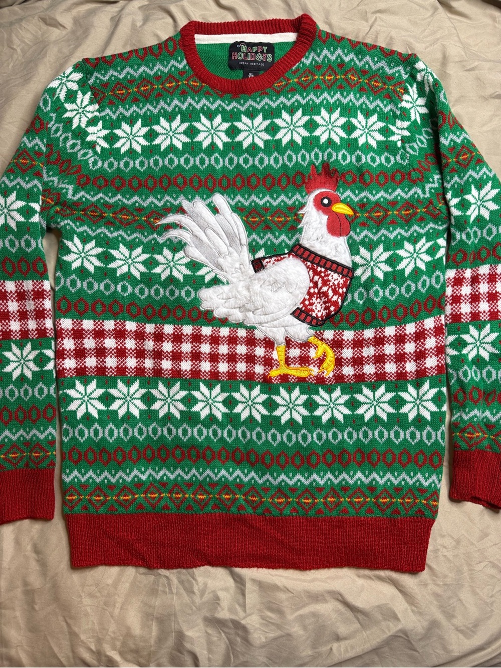 Holiday Rooster Knit Sweater - Green Red White Ugly Christmas Sweater Men's XL